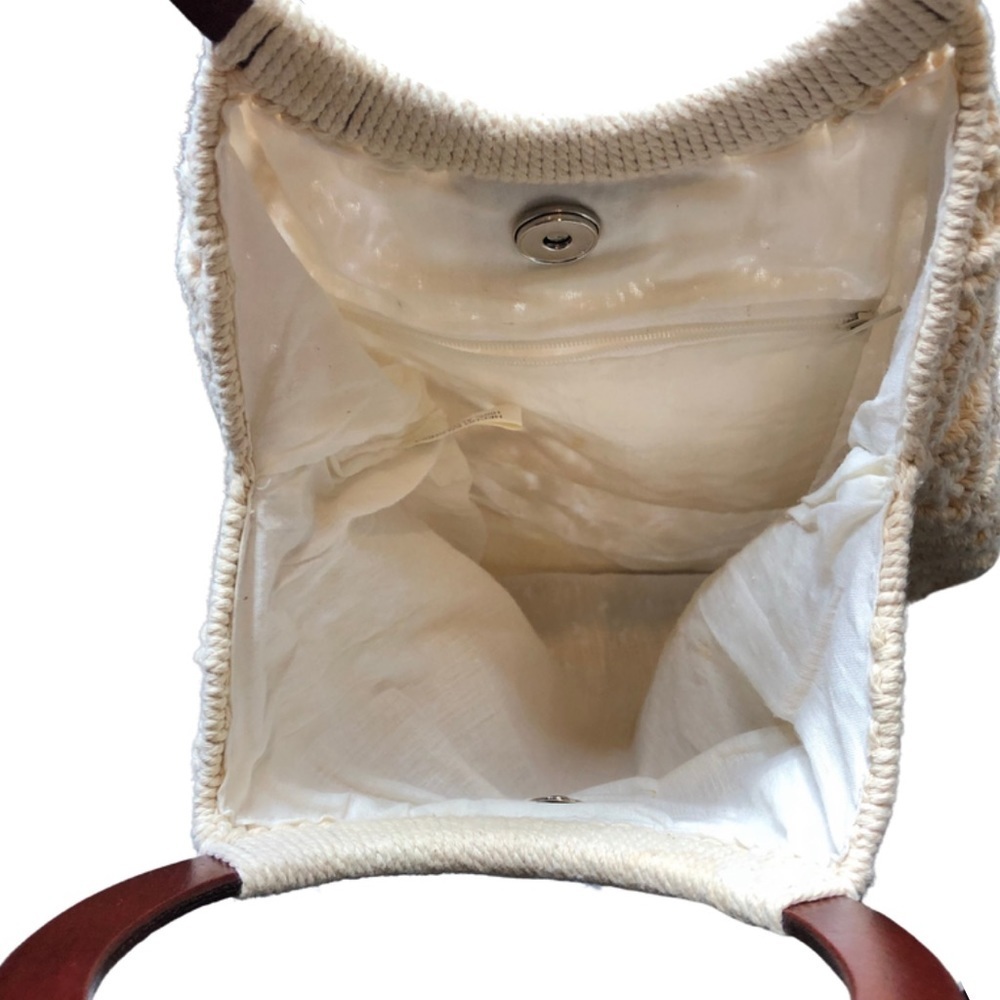Bohemian Macrame Tote Bag Wooden Ring Handles Cream Knitted Shoulder Bag - Picture 9 of 13